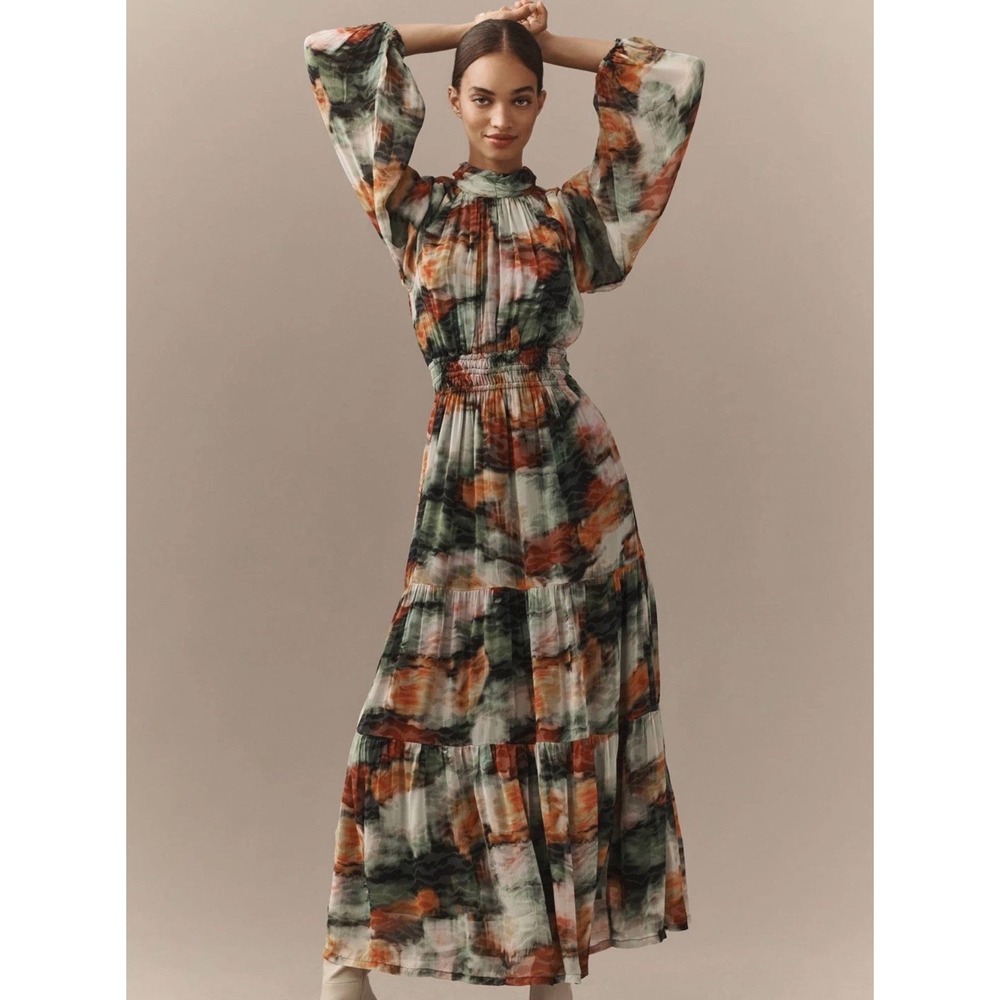 Anthropologie Somerset Watercolor Print Mock Neck Smocked Maxi Dress  Womens M